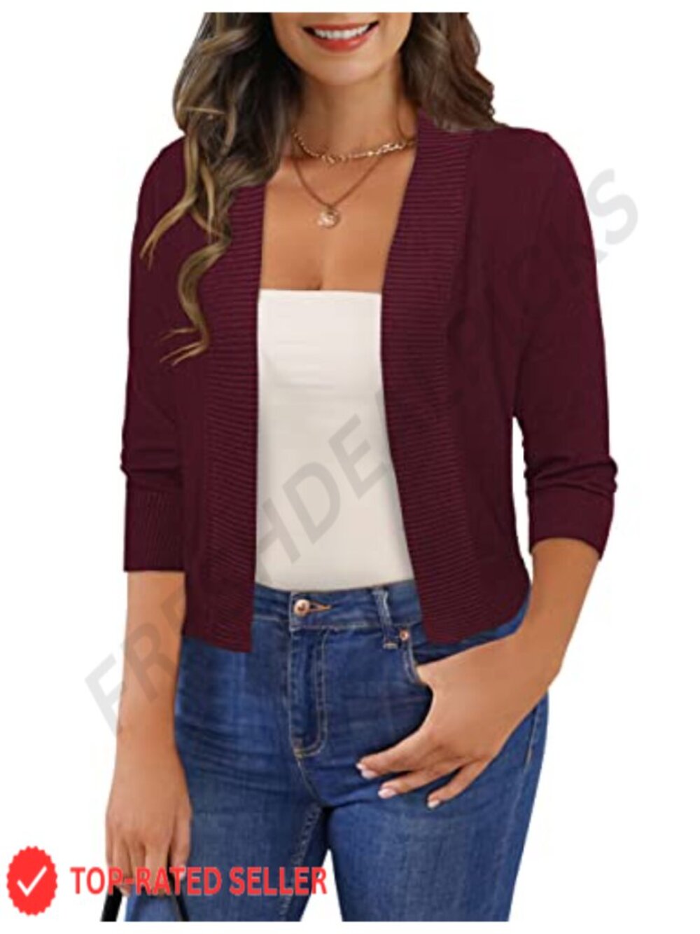 Women's 3/4 Sleeve Cropped Cardigan Shrug Viscose Nylon Sweater